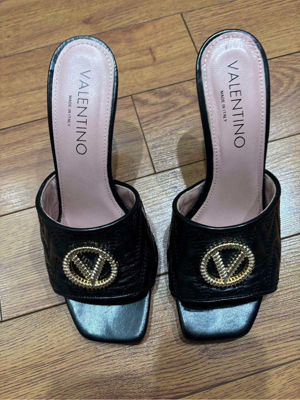 Valentino Black Leather Slide Heels with Gold V Logo